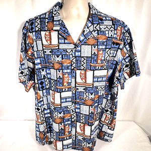 Vintage Aloha Line Mens XL Blue Hawaiian Shirt Sailing Tapa Print Tiki Hawaii